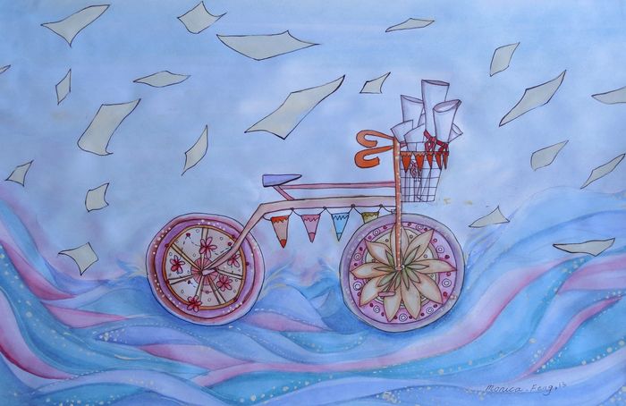 Art Studio PALETTE. Monika Feng Picture.  Watercolour, Ink Design Bicycle 