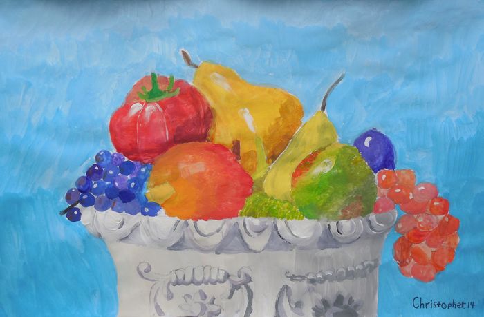 Art Studio PALETTE. Christopher Ballard Picture.  Tempera Still Life Fruits & Vegi 