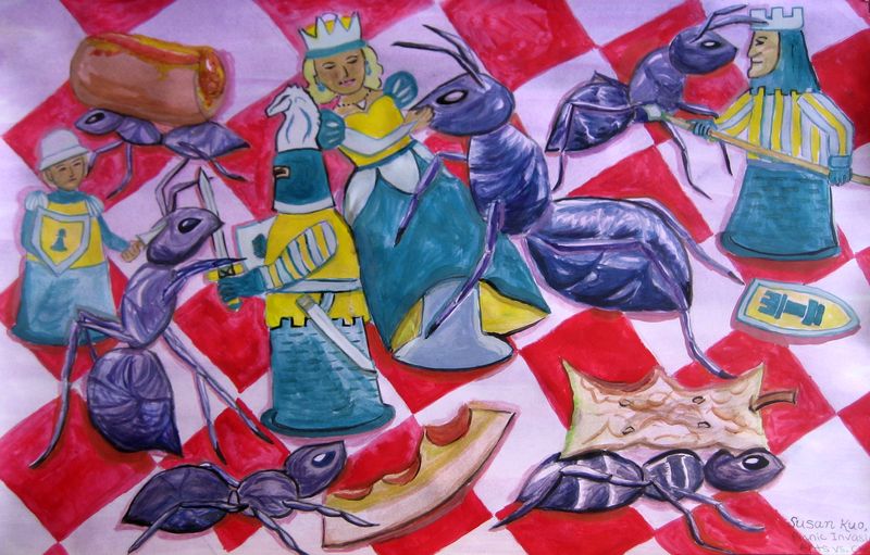Art Studio PALETTE. Susan  Kuo Picture.  Tempera Fantasy Chess Picnic Invasion: Ants Vs.Chess