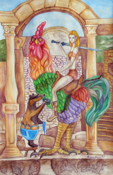 Art Studio PALETTE. Bogdan Chiru Picture.  Coloured Pencil Fantasy Imagenation The Rooster and his girl, Alya