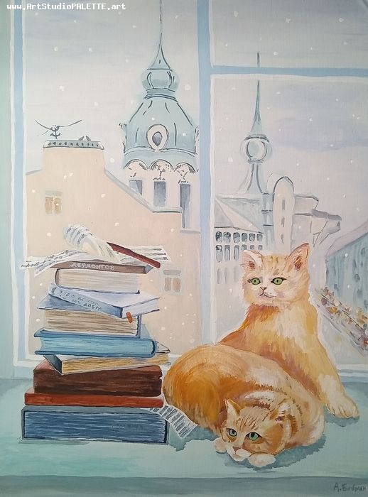 Art Studio PALETTE. Sandra Baiman Picture. Canvas Acrylic Animals Cats 
