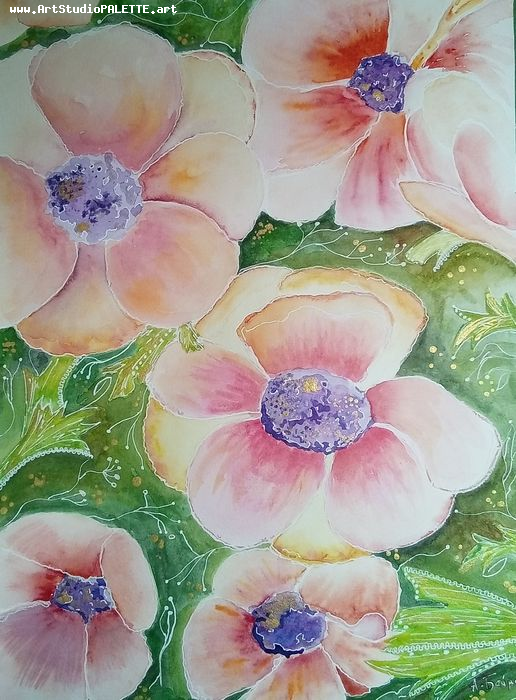 Art Studio PALETTE. Sandra Baiman Picture.  Watercolour, Ink Plants Flowers 