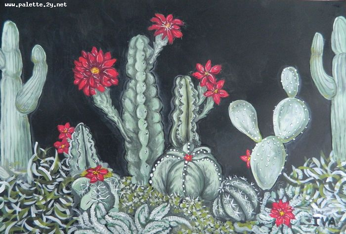Art Studio PALETTE. Iva Staykova Picture.  Tempera Plants Cacti Night Blooming