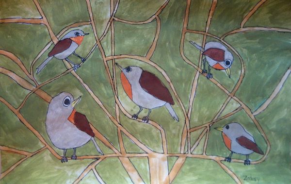 Art Studio PALETTE. Zachary Kuo Picture. Fine Art Paper Tempera Animals Birds 