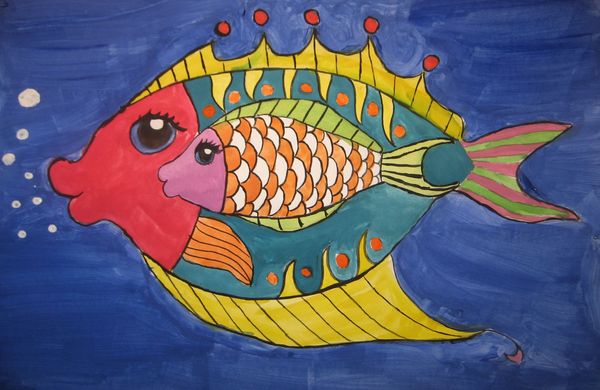 Art Studio PALETTE. Katia Skorokhod Picture. Fine Art Paper Tempera Animals Fish 