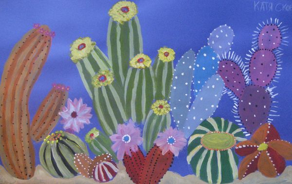 Art Studio PALETTE. Katia Skorokhod Picture. Fine Art Paper Tempera Plants Cacti 