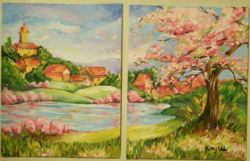 Art Studio PALETTE. Kitty Wu Picture. Canvas Acrylic Landscape Spring 
