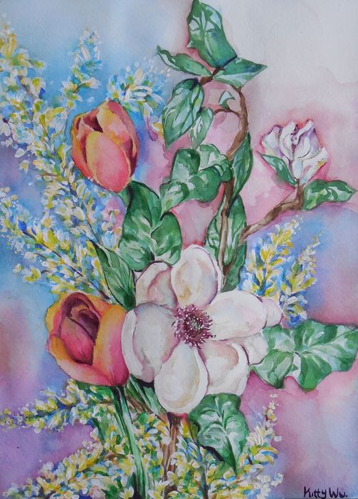Art Studio PALETTE. Kitty Wu Picture.  Watercolour Plants Flowers Spring Bouquet 