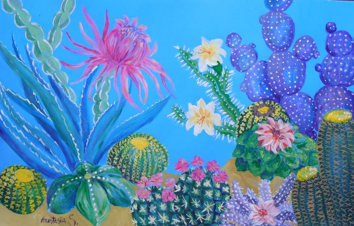 Art Studio PALETTE. Anastasiia Sergeyenko Picture.  Tempera Plants Cacti 