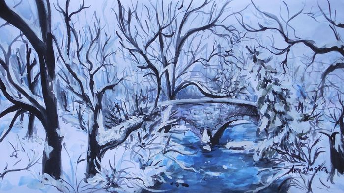 Art Studio PALETTE. Anastasiia Sergeyenko Picture.  Tempera Landscape Winter Зимний Мотив