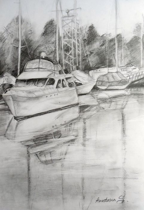 Art Studio PALETTE. Anastasiia Sergeyenko Picture.  Pencil Landscape Ships 