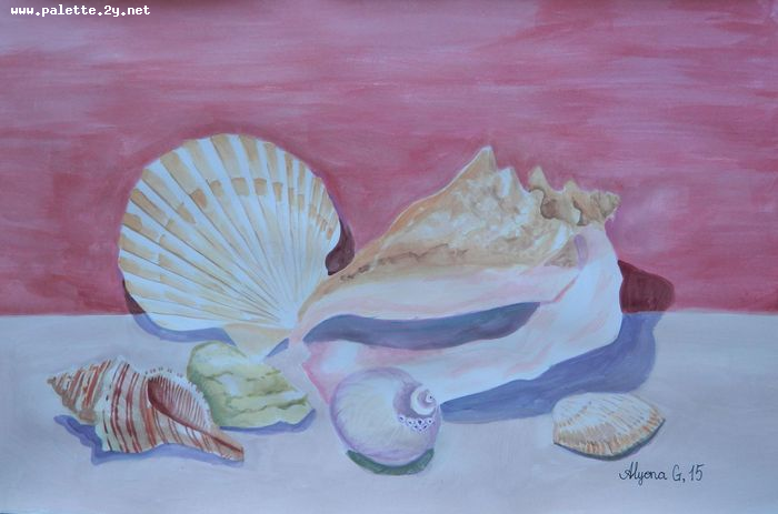 Art Studio PALETTE. Alyona Glazyrina Picture.  Tempera Still Life Shells 