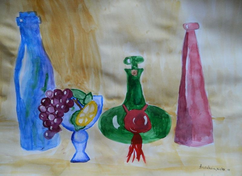 Art Studio PALETTE. Anastasia Nistor Picture.  Watercolour Still Life Bottles 