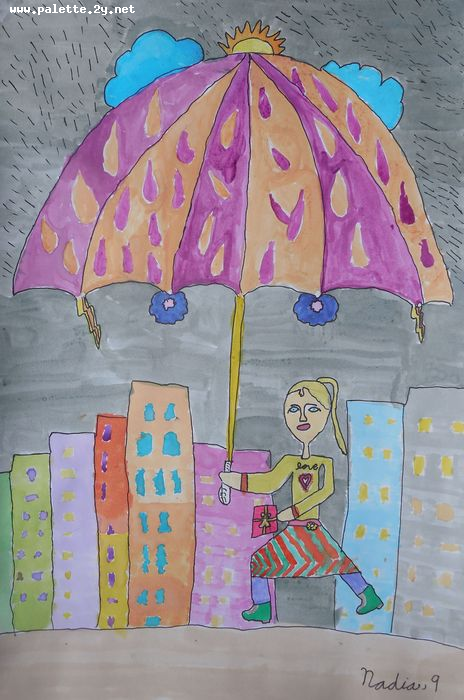Art Studio PALETTE. Nadegda Nivinskaia Picture.  Marker, Tempera Design Umbrellas Walking in the Rain
