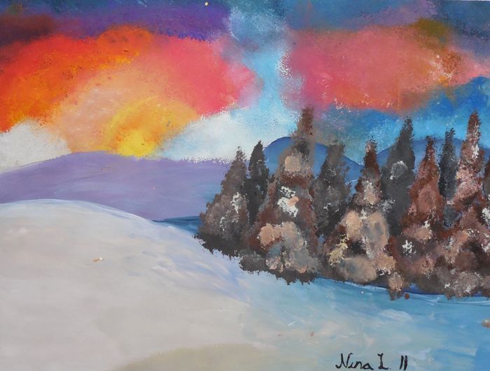 Art Studio PALETTE. Nina Lazarevic Picture.  Tempera Landscape Winter 