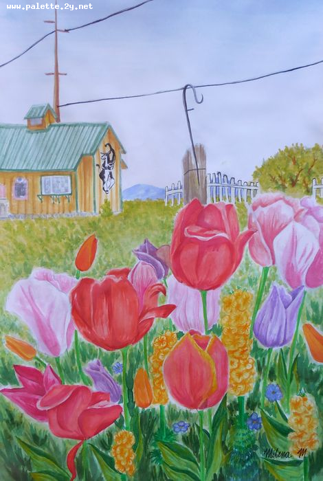 Art Studio PALETTE. Milena Markovich Picture.  Tempera Plants Flowers Tulips