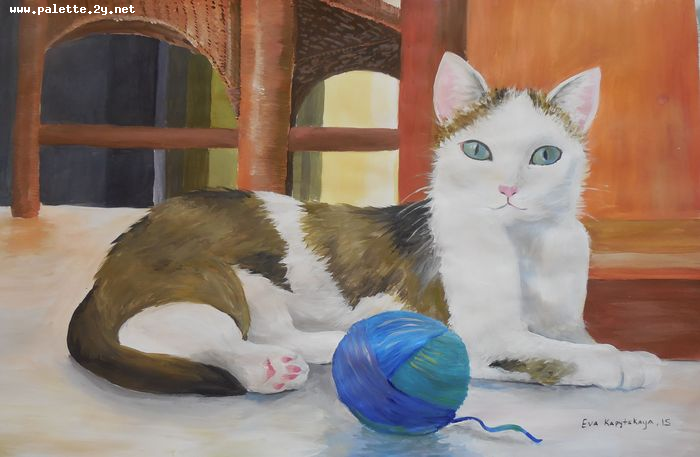 Art Studio PALETTE. Eva Kapytskaya Picture.  Tempera Animals Cats 