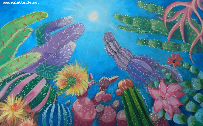 Art Studio PALETTE. Eva Kapytskaya Picture.  Tempera Plants Cacti Cacti