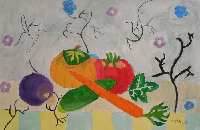 Art Studio PALETTE. Skylar Langille Picture.  Tempera Still Life Fruits & Vegi 