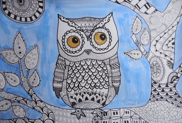 Art Studio PALETTE. Niki Karimali Picture.  Watercolour, Ink Fantasy Zentangle Tangled Owl