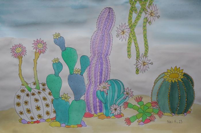 Art Studio PALETTE. Niki Karimali Picture.  Watercolour, Ink Plants Cacti 