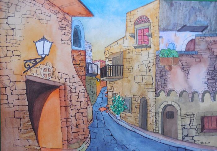 Art Studio PALETTE. Niki Karimali Picture.  Watercolour, Ink Landscape Cityscape Inside Greece