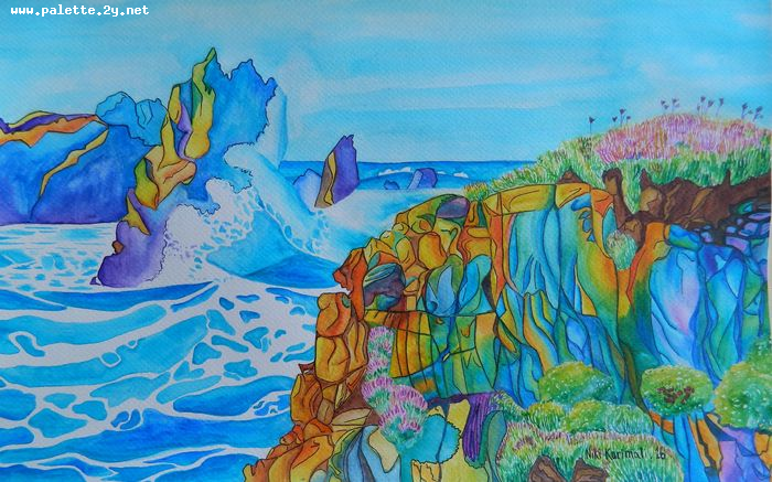 Art Studio PALETTE. Niki Karimali Picture.  Watercolour Landscape Seascape Kaleidoscopic Sea