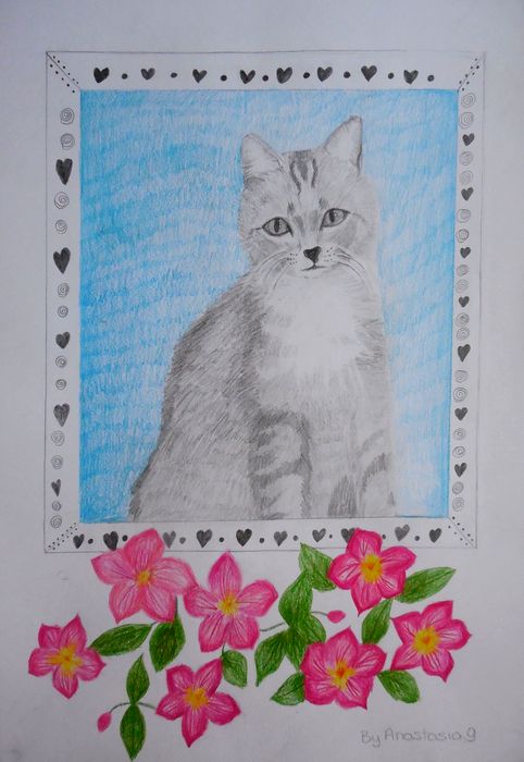 Art Studio PALETTE. Anastasia Adamchuk Picture.  Coloured Pencil Animals Cats 