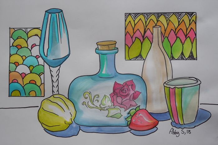 Art Studio PALETTE. Abby Soboleva Picture.  Watercolour, Ink Still Life Contour Line Drawing 