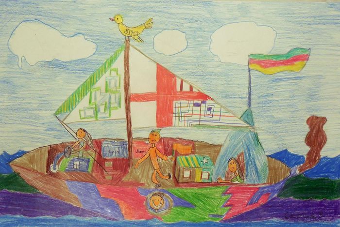 Art Studio PALETTE. Camus Hu Picture.  Coloured Pencil Landscape Ships 