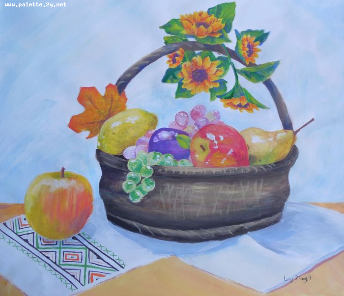 Art Studio PALETTE. Lucy Zhang Picture.  Tempera Still Life Fruits & Vegi Harvest 2118