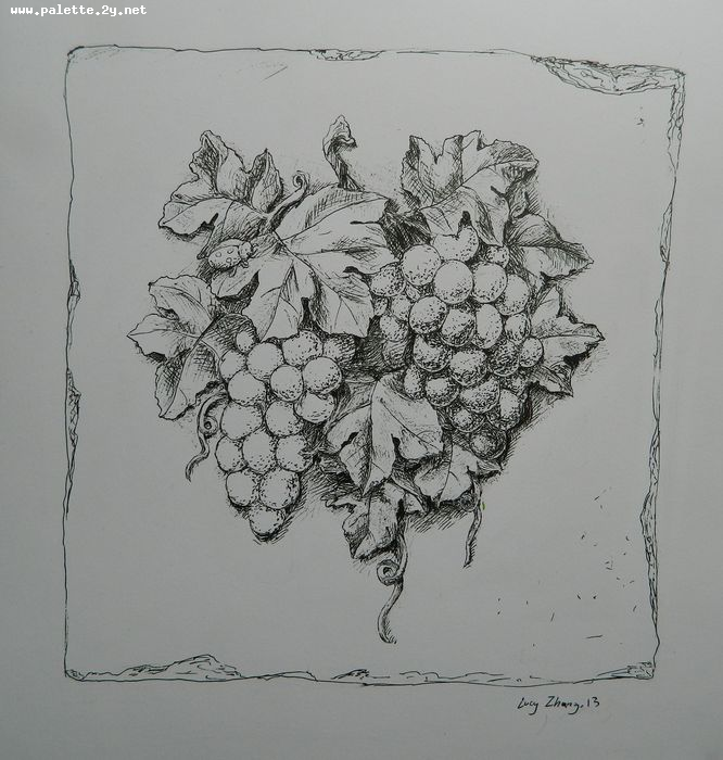 Art Studio PALETTE. Lucy Zhang Picture.  Ink Still Life Fruits & Vegi 