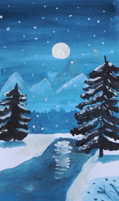 Art Studio PALETTE. Adiya Minassipova Picture. Greeting Card Tempera Landscape Winter 