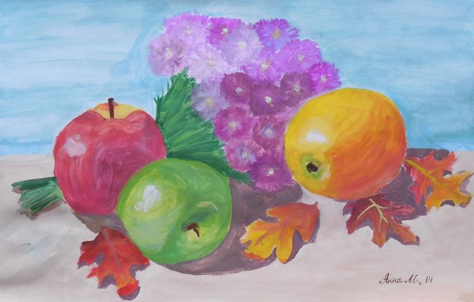 Art Studio PALETTE. Anna Makarenko Picture.  Tempera Still Life Fruits & Vegi Apples on The Table