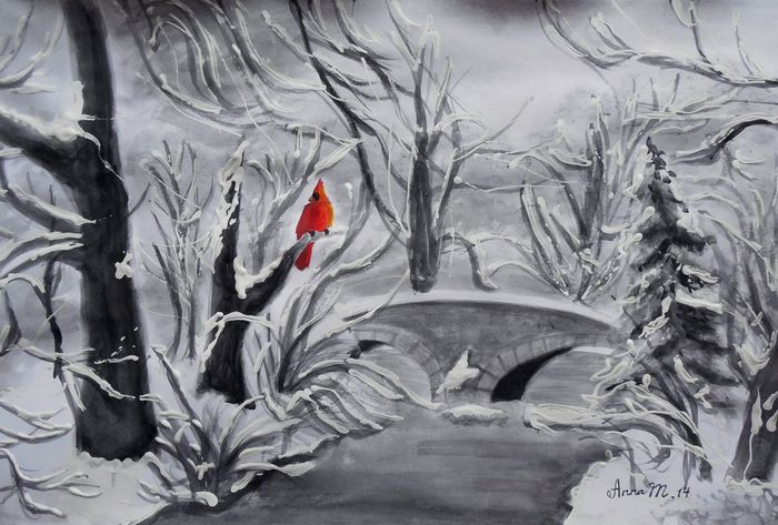 Art Studio PALETTE. Anna Makarenko Picture.  Tempera Landscape Winter Winter Mood