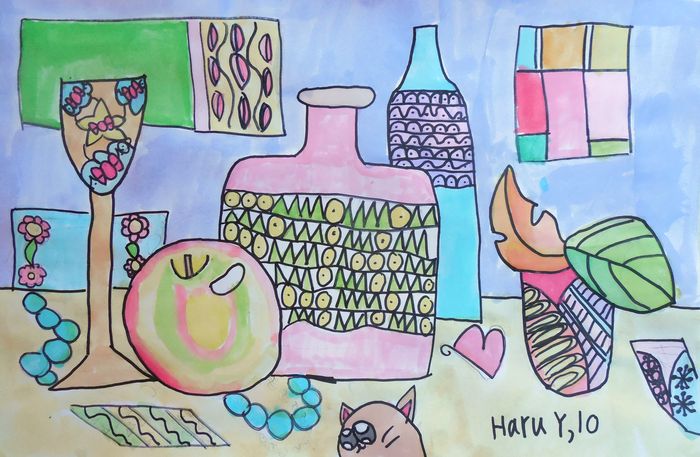 Art Studio PALETTE. Haru Yamanouchi Picture.  Watercolour, Ink Still Life Contour Line Drawing 