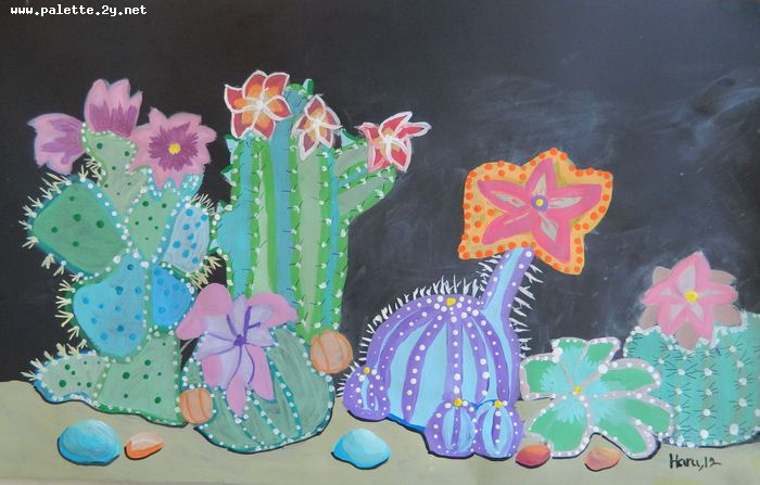 Art Studio PALETTE. Haru Yamanouchi Picture.  Tempera Plants Cacti 
