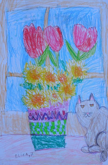 Art Studio PALETTE. Elizabeth Enilenis Picture.  Oil Pastel Animals Cats 