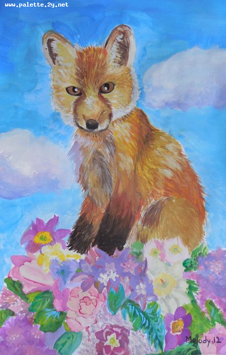 Art Studio PALETTE. Melody Wu Picture.  Tempera Animals Mix A Fox on a Flower Cloud