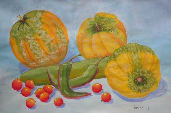 Art Studio PALETTE. Nerissa Wang Picture.  Tempera Still Life Fruits & Vegi 