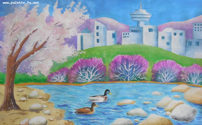 Art Studio PALETTE. Nerissa Wang Picture.  Tempera Landscape Vancouver BC Ducks in the City