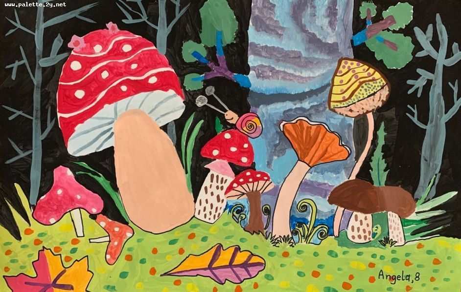 Art Studio PALETTE. Angela Kim Picture.  Tempera Plants Mushrooms 