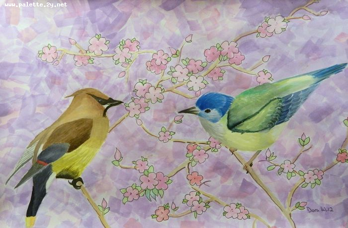 Art Studio PALETTE. Dora Wang Picture.  Watercolour, Ink Animals Birds Spring Is Coming