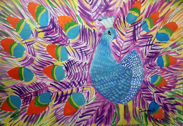 Art Studio PALETTE. Joanna Li Picture.  Tempera Animals Birds Colorful Peacock