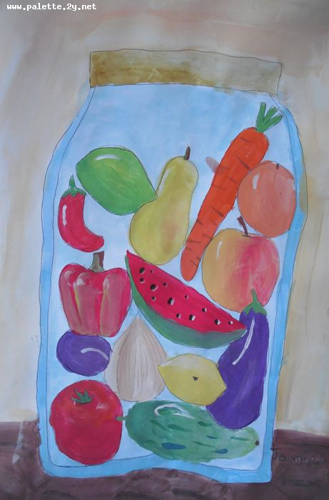 Art Studio PALETTE. Joanna Li Picture.  Tempera Still Life Fruits & Vegi 