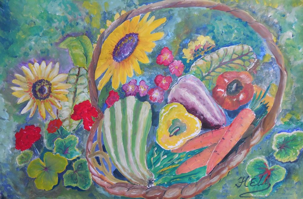 Art Studio PALETTE. Neli Kapytskaya Picture.  Tempera Still Life Fruits & Vegi 