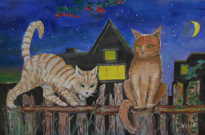 Art Studio PALETTE. Neli Kapytskaya Picture.  Tempera Animals Cats 