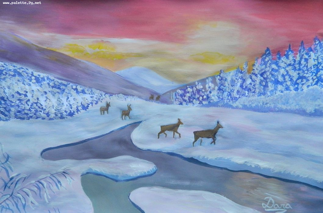 Art Studio PALETTE. Dara Ardjieva Picture.  Tempera Landscape Winter 