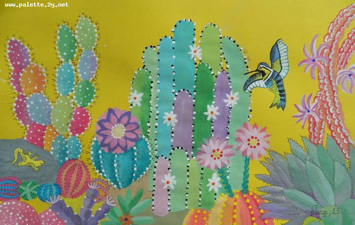 Art Studio PALETTE. Dara Ardjieva Picture.  Tempera Plants Cacti An Unusual Desert