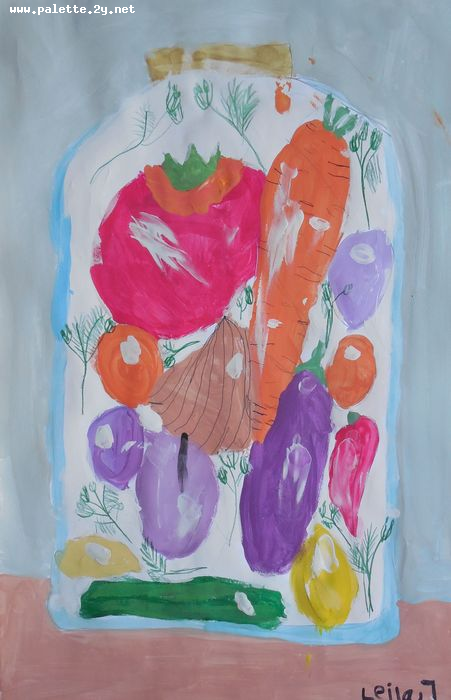 Art Studio PALETTE. Leila Cox Picture.  Tempera Still Life Fruits & Vegi 